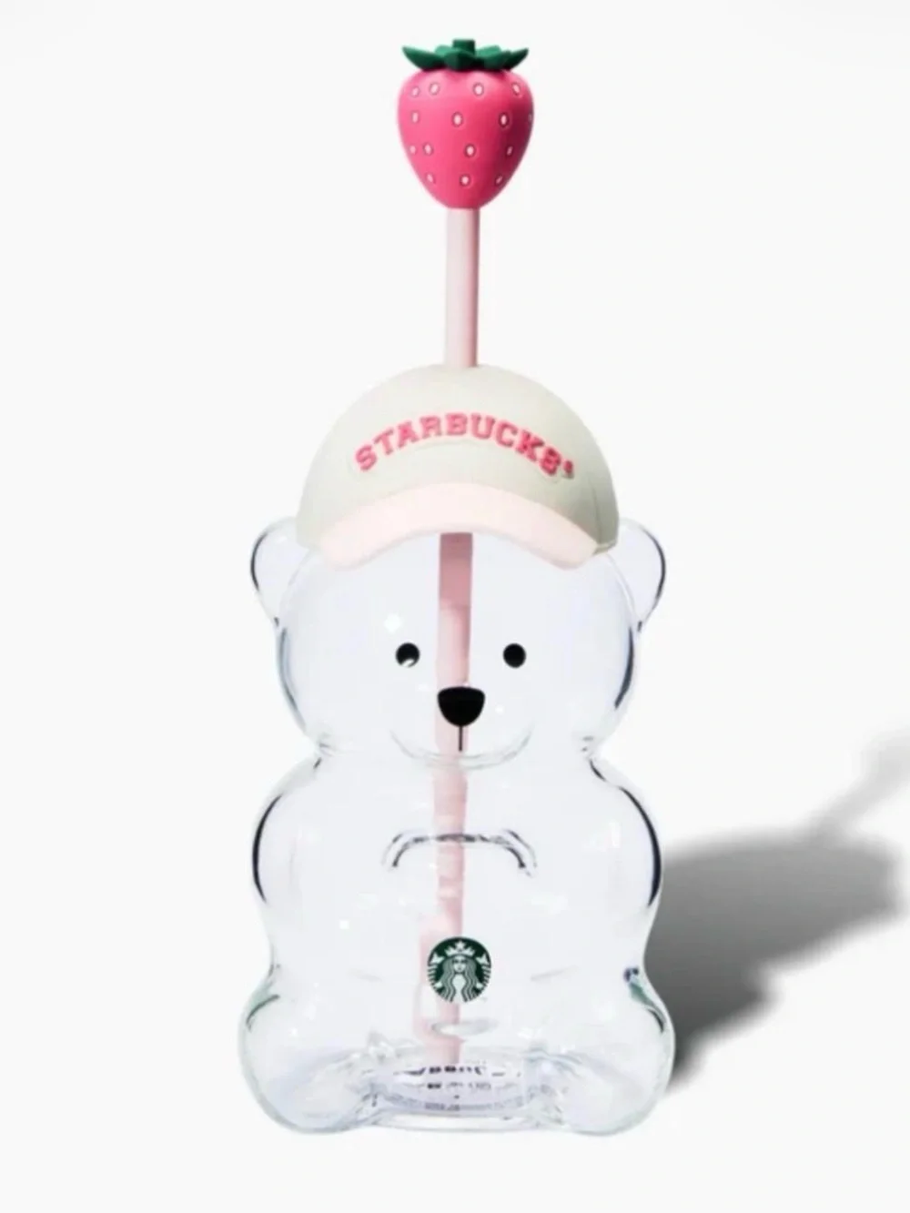 Starbucks Clear Bear Sipper Bottle with Pink Straw and Strawberry Charm
